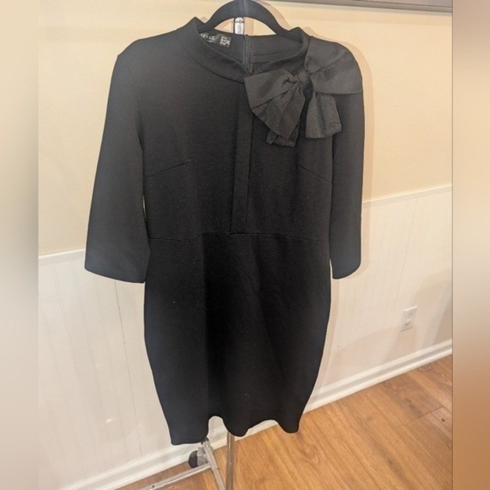 Retro Black Bow Mock Neck Sheath Dress 3/4 Sleeve Size 12 XXL Work Cocktail